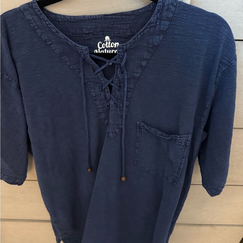 Navy Blue Cotton Lace-Up Top